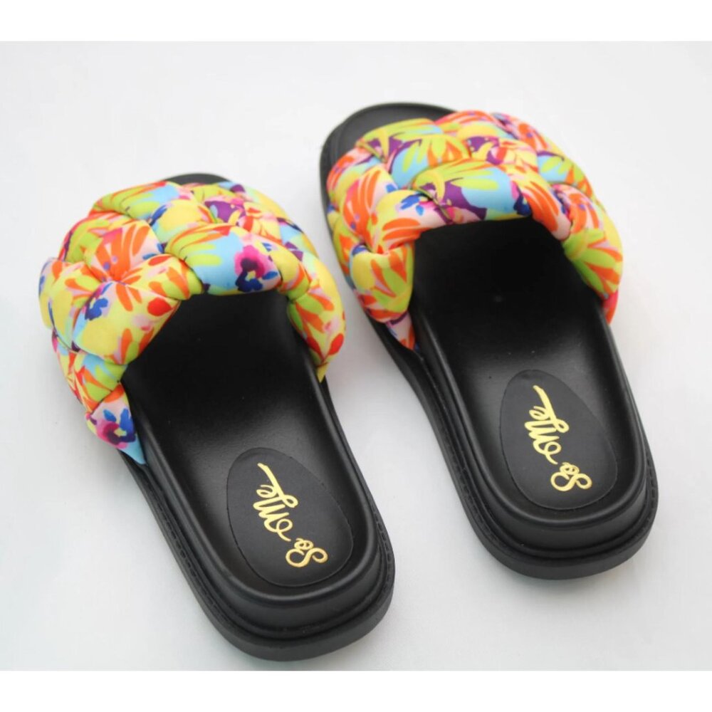 NWT So Me Womens Multicolor Slip-On Flats Slide Sandals Fluffy Lightweight